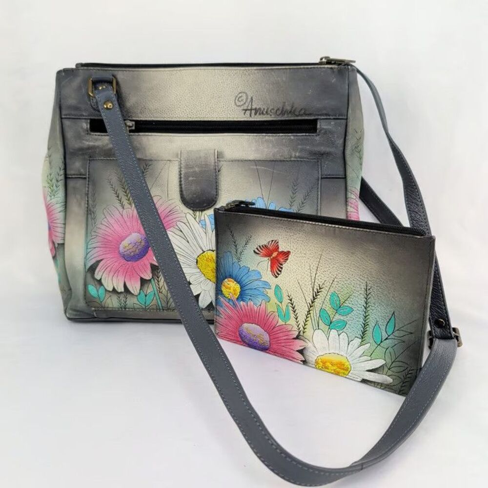 Anuschka Hand Painted Leather Crossbody Bag Purse & RFID Wallet Set Floral Gray